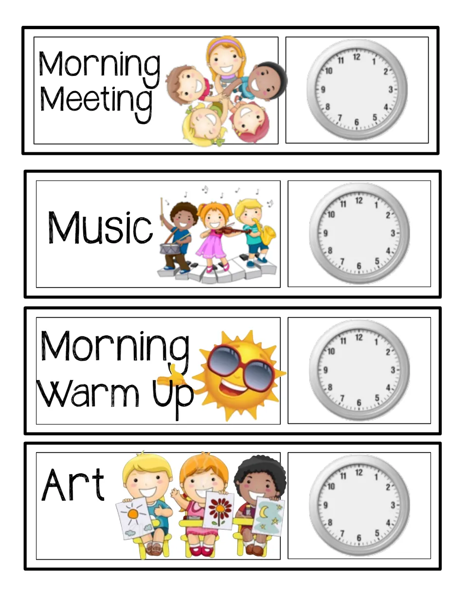 Routine cards for Morning Meeting, Music, Morning Warm Up and Art with matching clip art and a blank clock on each card