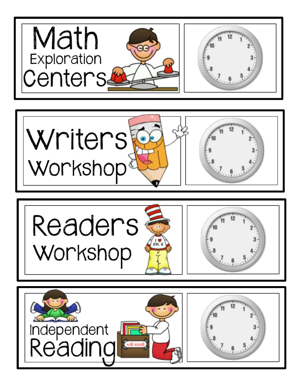Literacy and math block cards: Math Exploration Centers, Writers Workshop, Readers Workshop and Independent Reading