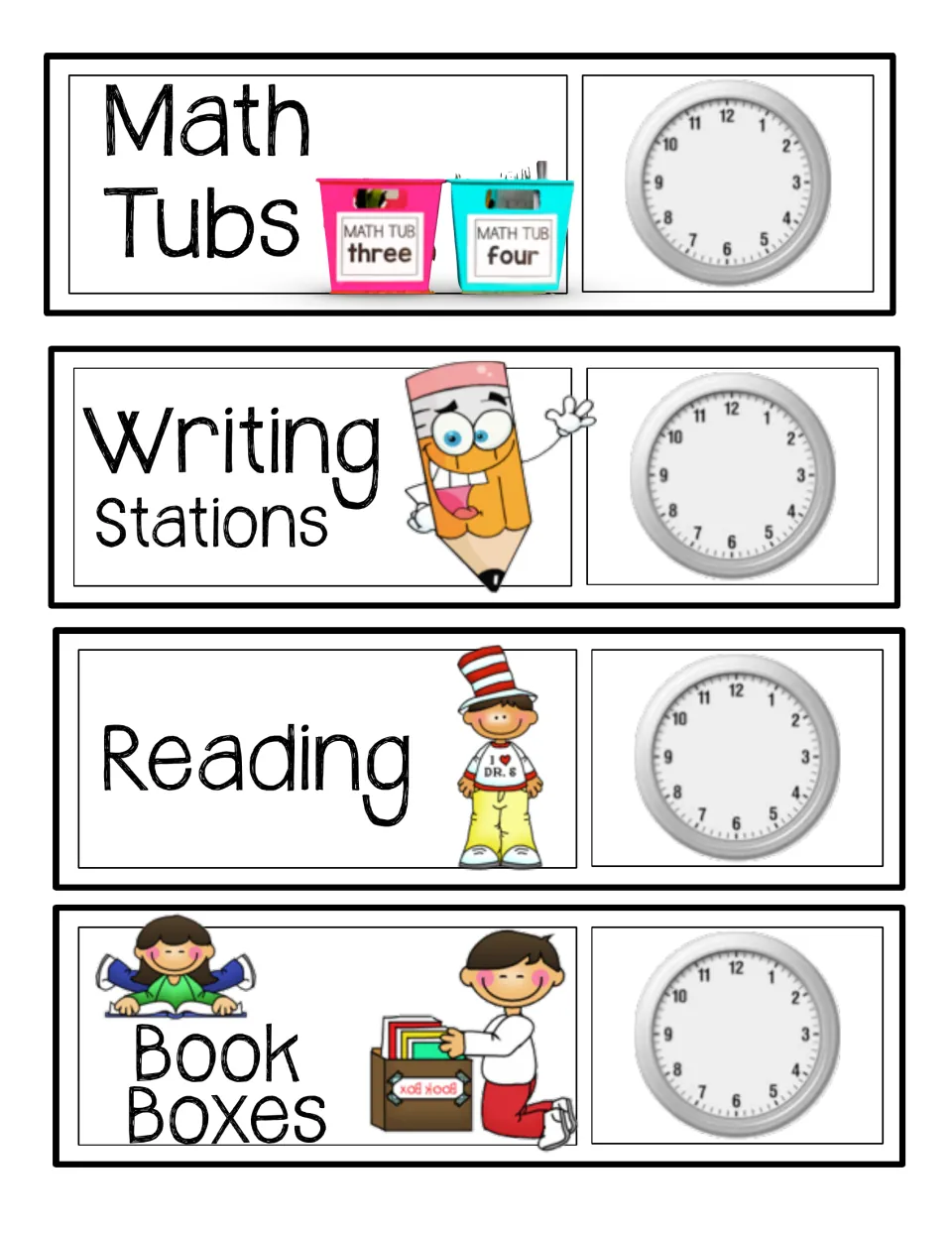 Station cards for Math Tubs, Writing Stations, Reading and Book Boxes, each shown next to a blank analog clock face