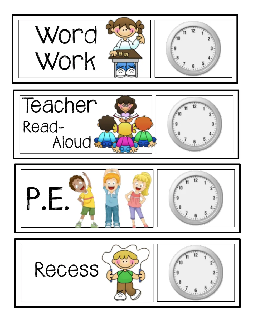 Daily activity cards for Word Work, Teacher Read-Aloud, P.E. and Recess, illustrated with children and a blank clock each