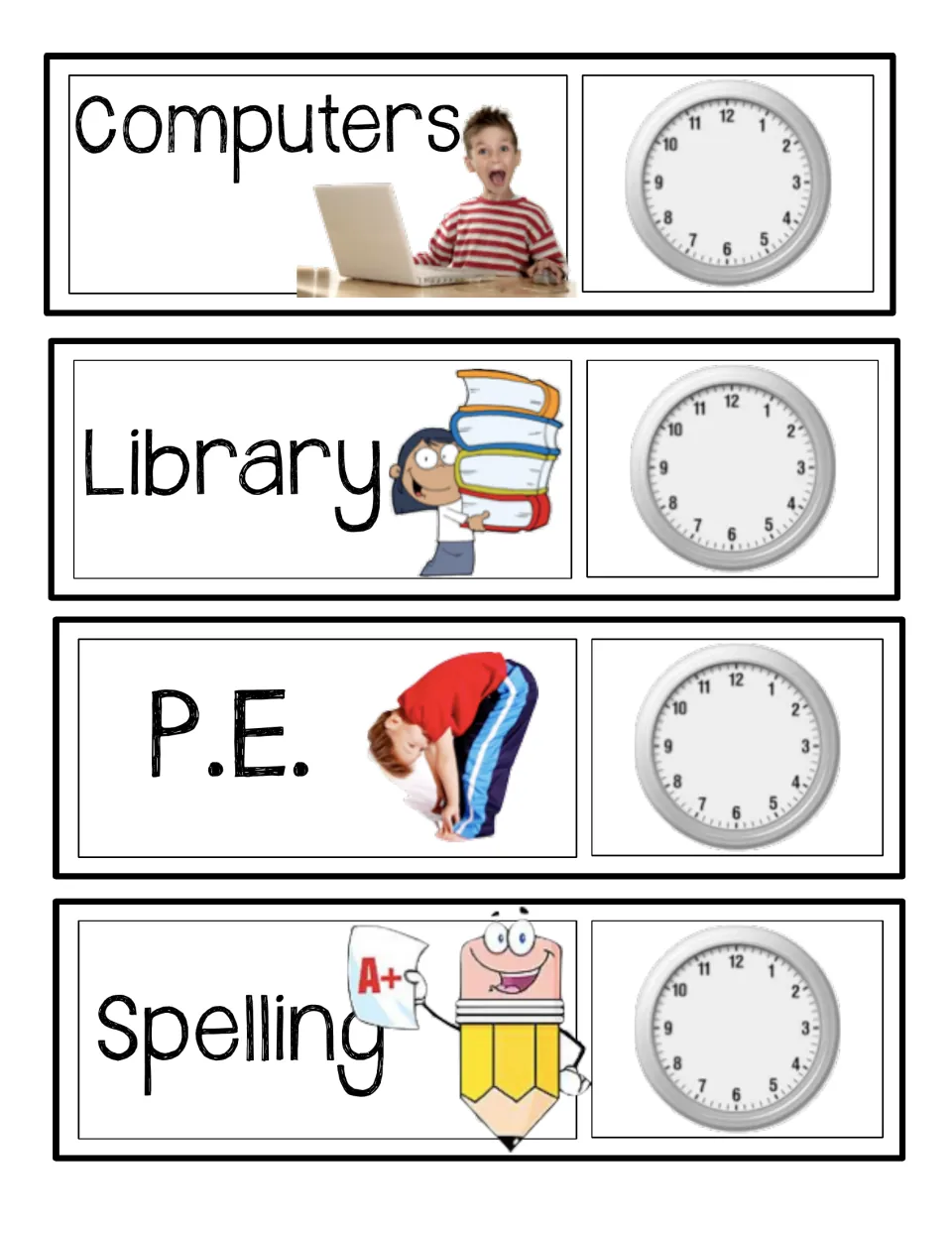 Activity cards for Computers, Library, P.E. and Spelling, using photos and clip art with an empty clock on every card
