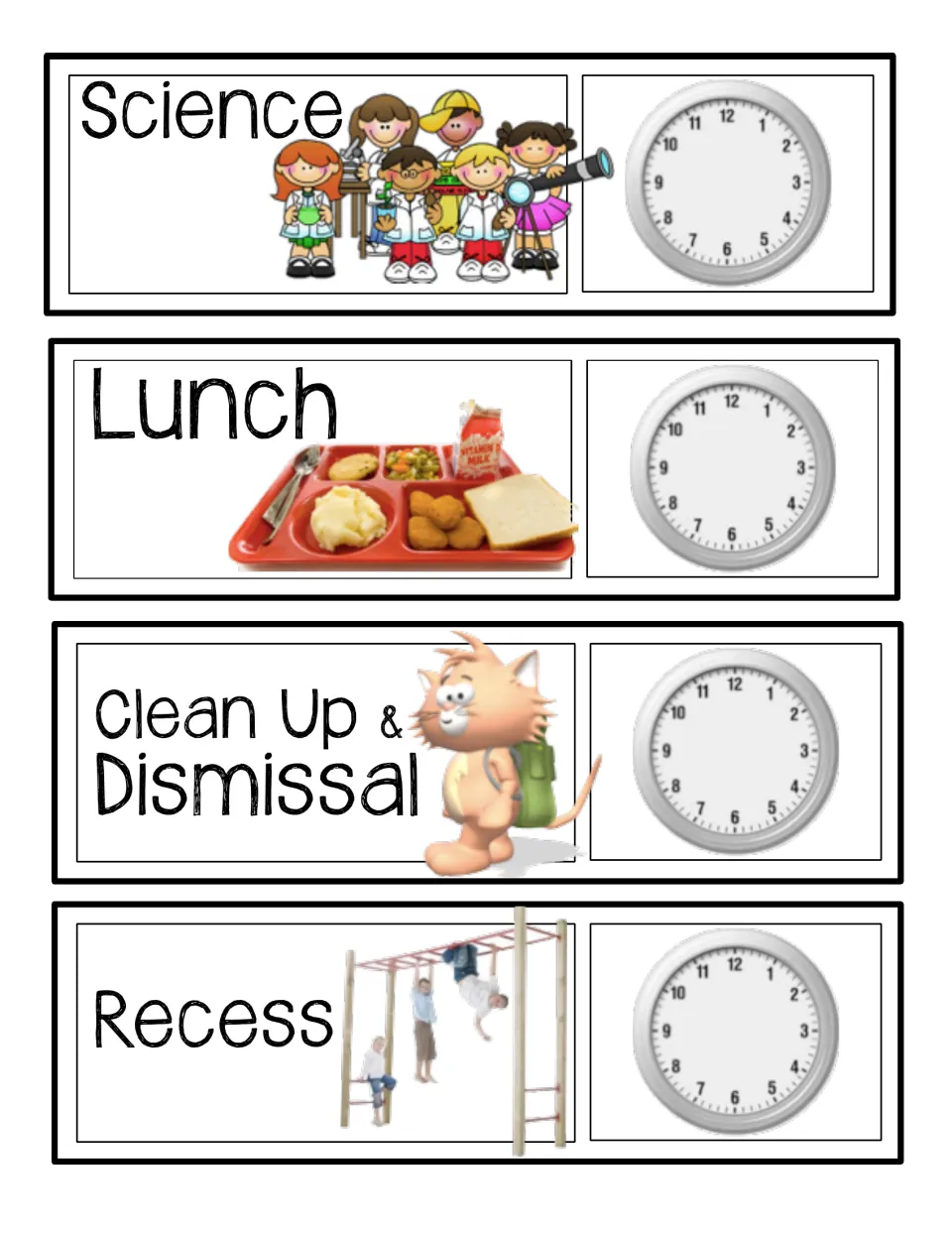 Cards for Science, Lunch, Clean Up & Dismissal and Recess, with a lunch tray and playground photo and clocks