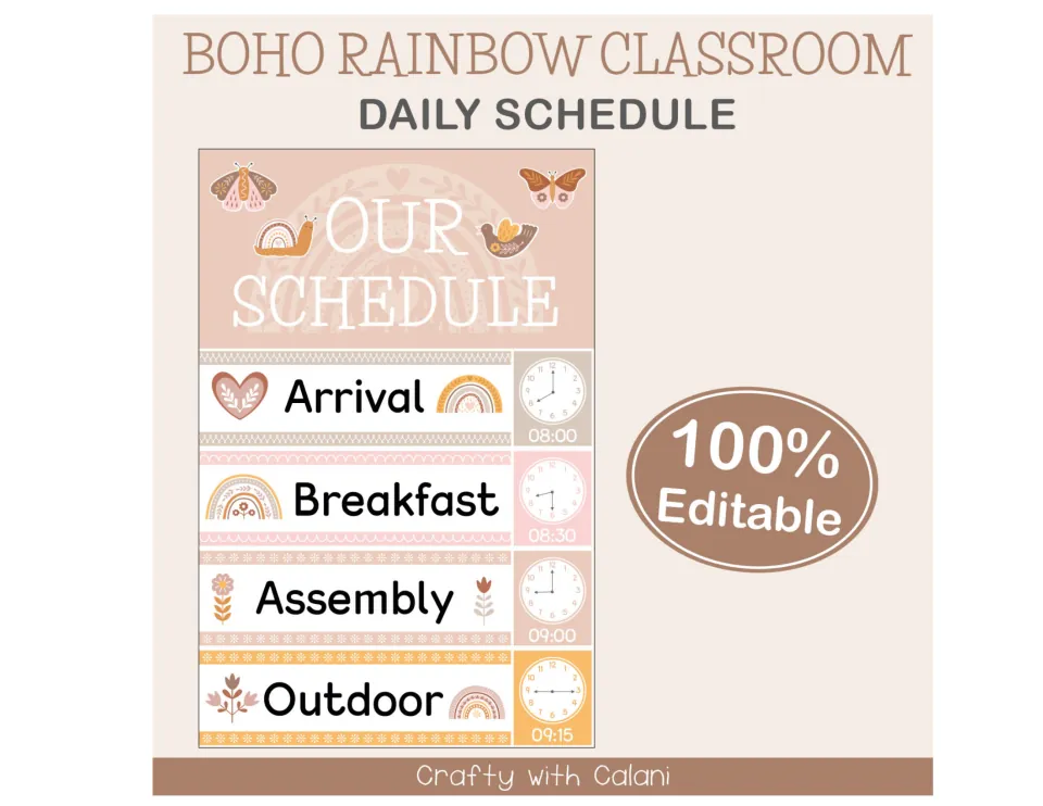Boho Rainbow Classroom Daily Schedule cover: Our Schedule header above Arrival, Breakfast, Assembly and Outdoor clock cards