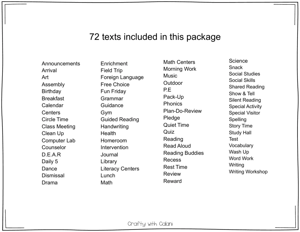 List of the 72 schedule card labels included, from Announcements and Arrival to Word Work, Writing and Writing Workshop