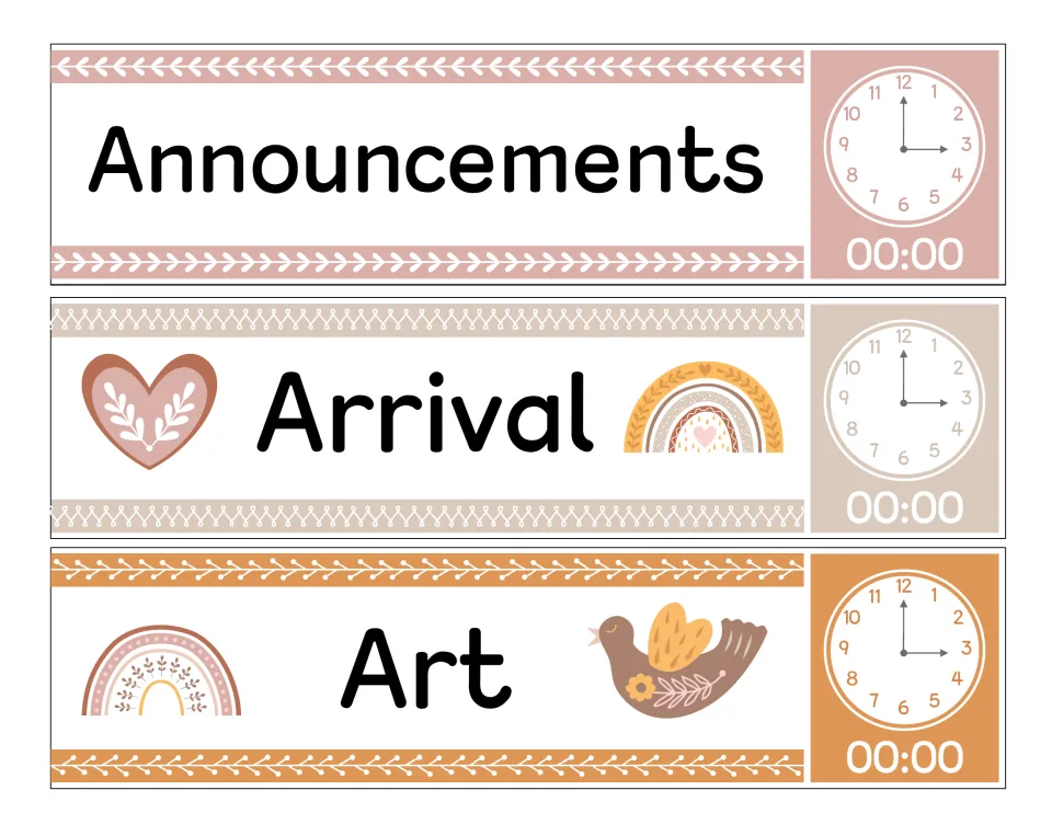 Schedule cards for Announcements, Arrival and Art, each with an analog clock face and an editable 00:00 time