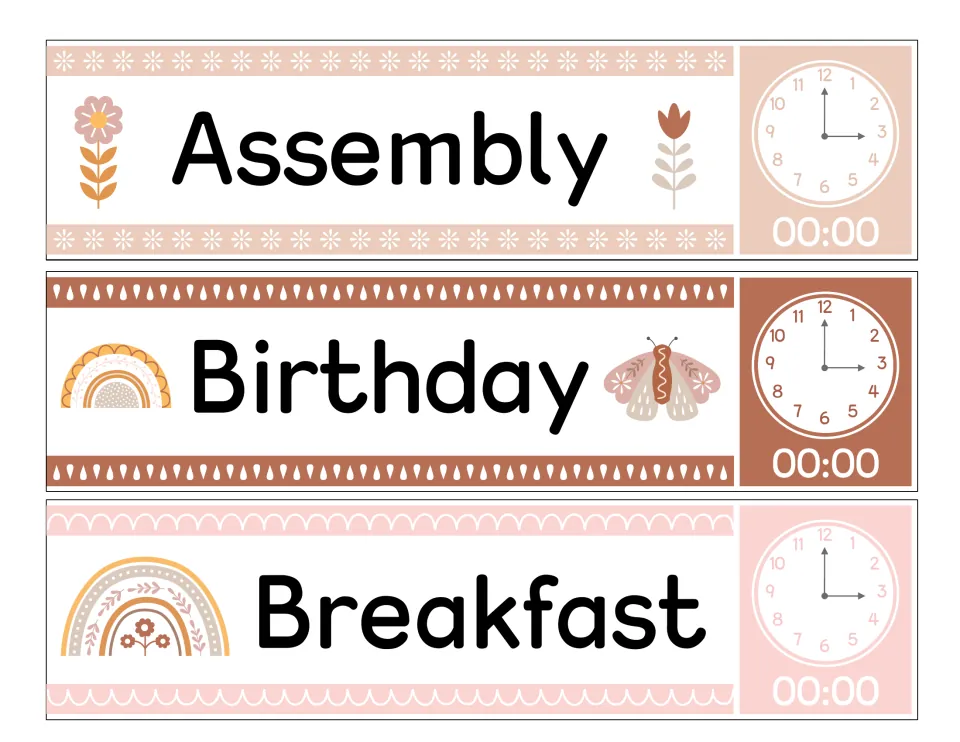 Assembly, Birthday and Breakfast schedule cards with flowers, rainbows and a moth, each beside a clock and 00:00
