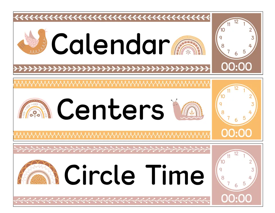 Calendar, Centers and Circle Time schedule cards with rainbow, bird and snail art and a clock showing 00:00 on each