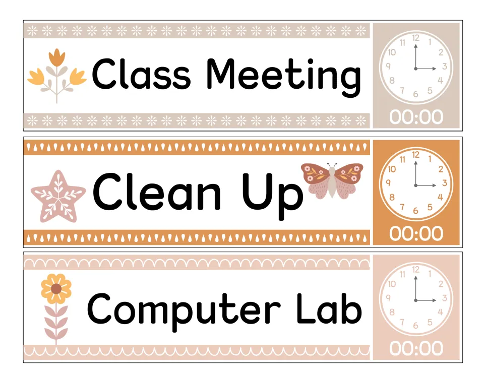 Class Meeting, Clean Up and Computer Lab schedule cards with flower, star and butterfly art and clocks set to 00:00