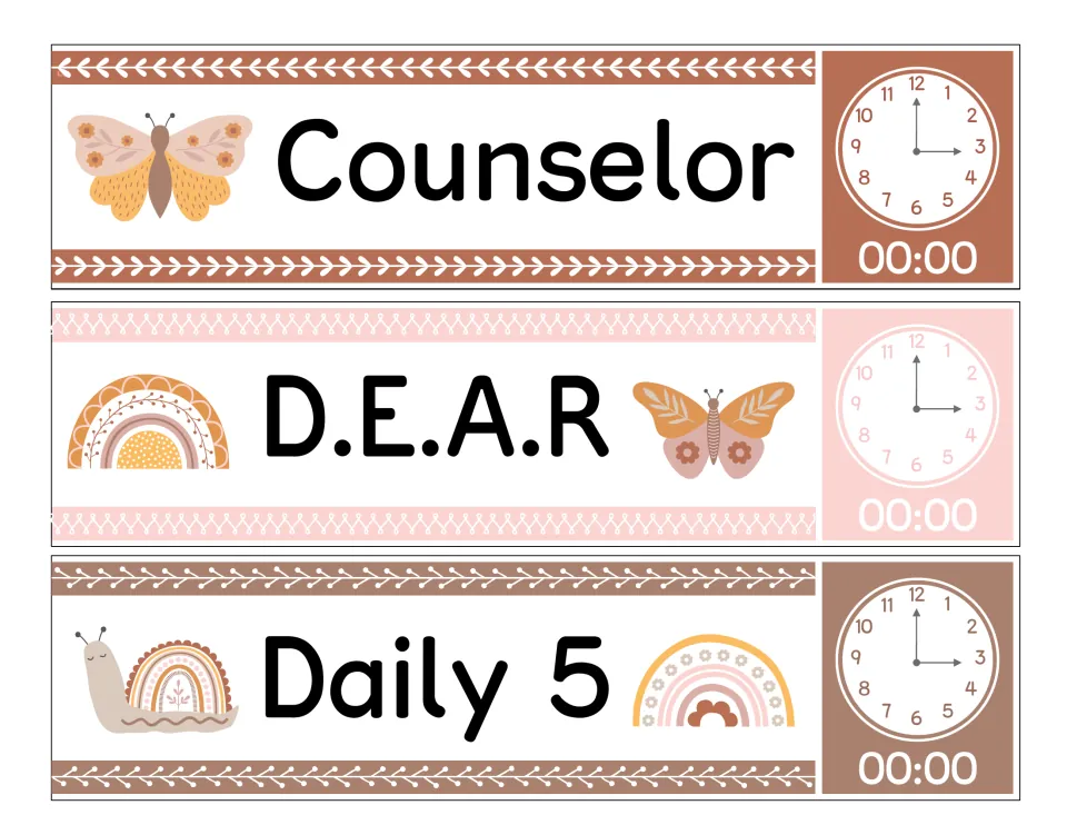 Counselor, D.E.A.R and Daily 5 schedule cards with butterfly, rainbow and snail art, each paired with a 00:00 clock