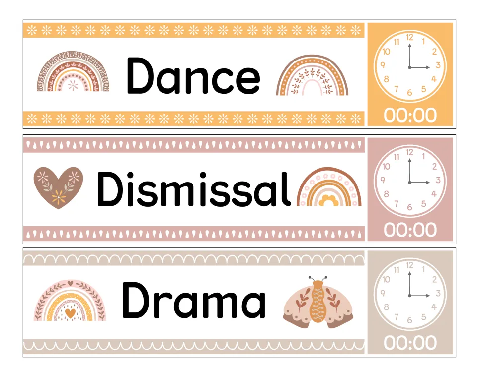 Dance, Dismissal and Drama schedule cards with rainbows, a heart and a moth, each next to an analog clock and 00:00