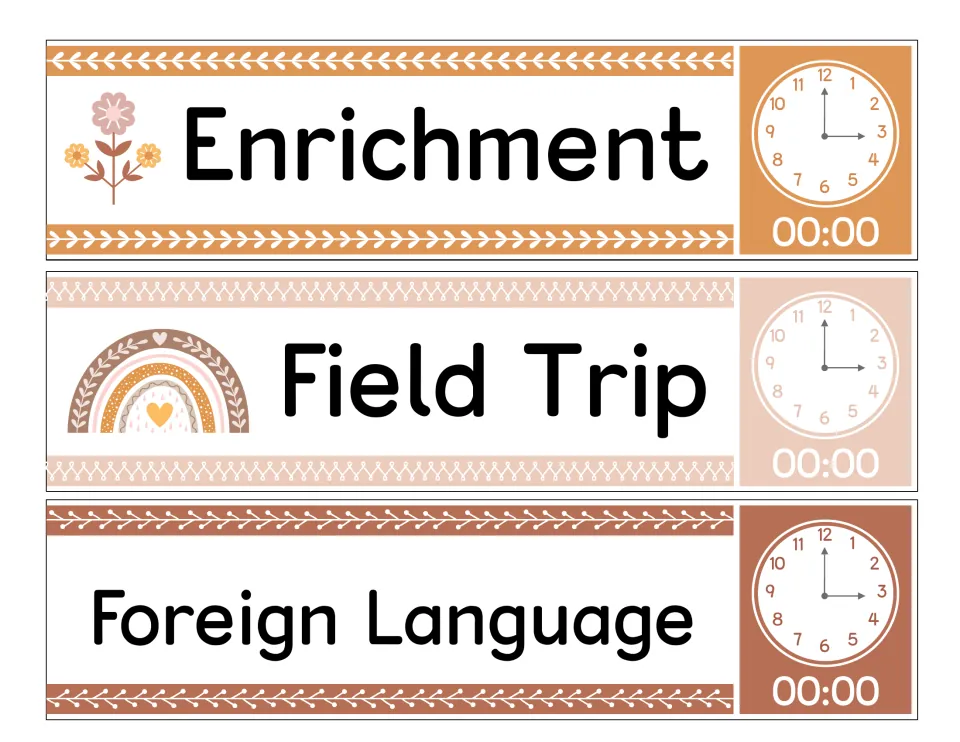 Enrichment, Field Trip and Foreign Language schedule cards with flower and rainbow art and a clock reading 00:00 on each