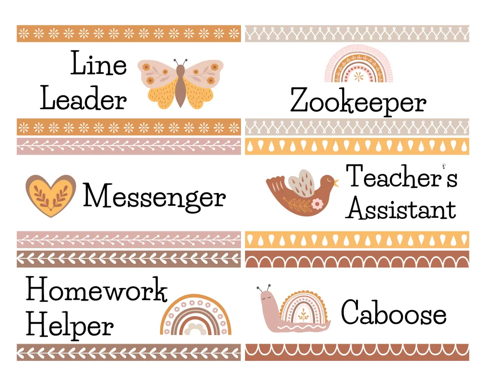 Job labels for Line Leader, Zookeeper, Messenger, Teacher's Assistant, Homework Helper and Caboose with boho art