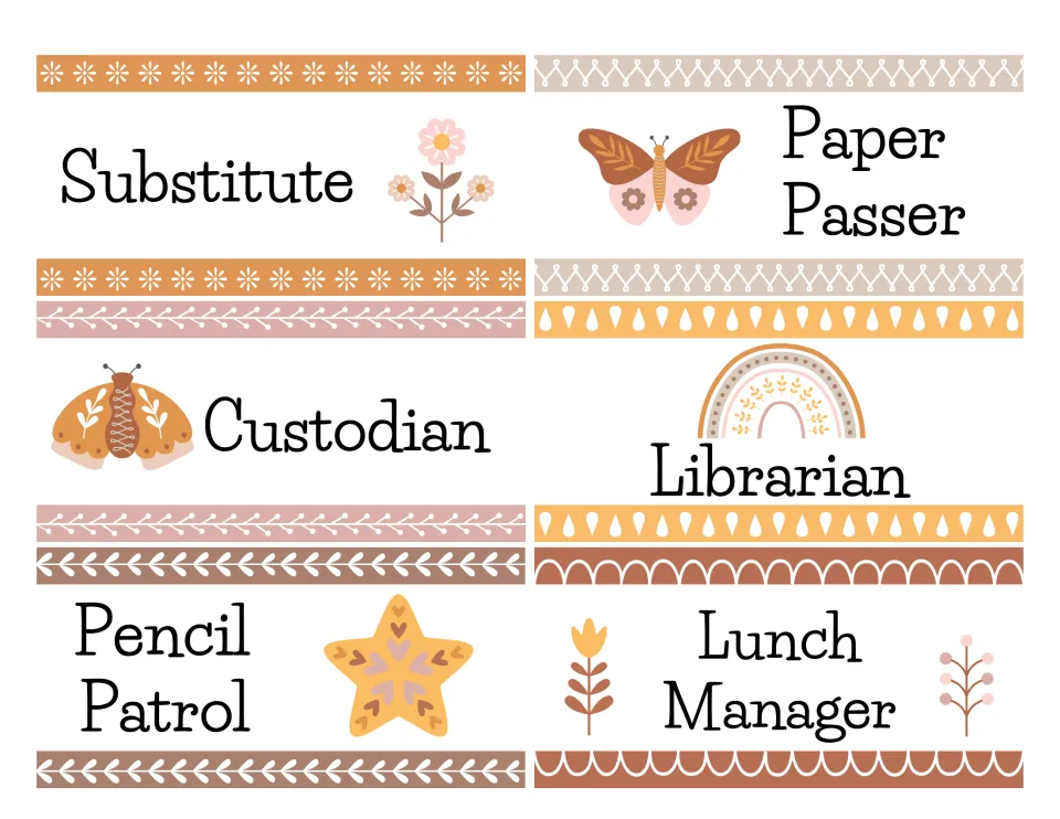 Job labels for Substitute, Paper Passer, Custodian, Librarian, Pencil Patrol and Lunch Manager with boho designs