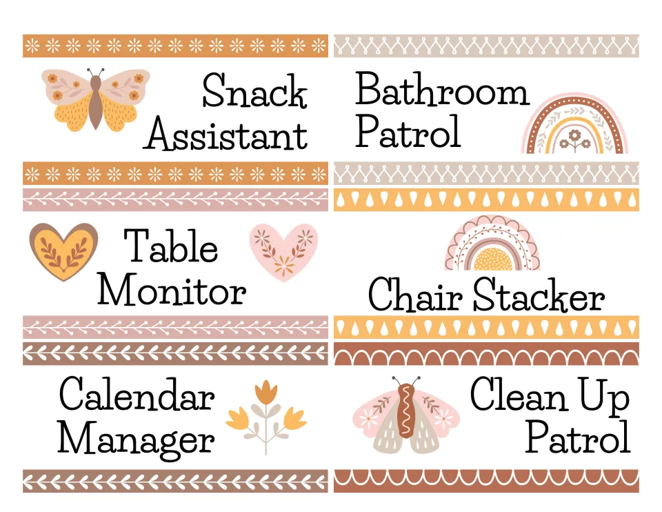 Job labels for Snack Assistant, Bathroom Patrol, Table Monitor, Chair Stacker, Calendar Manager and Clean Up Patrol