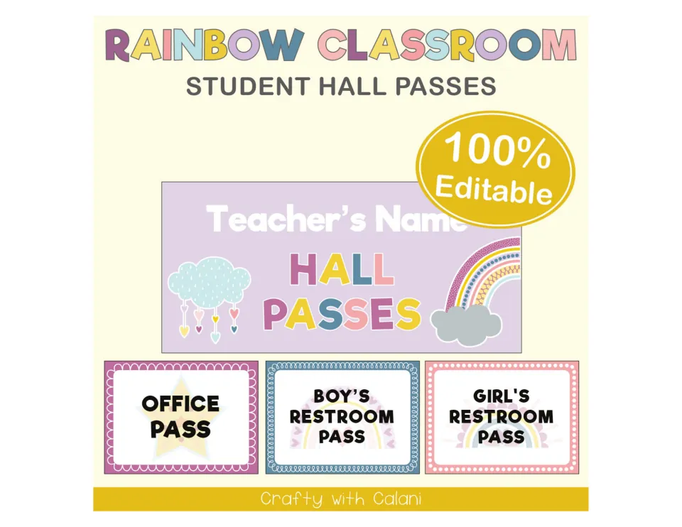 Rainbow Classroom student hall passes cover: a Teacher's Name header plus office, boy's and girl's restroom passes