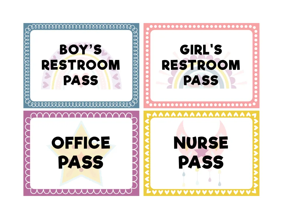 Four pass cards: boy's restroom pass, girl's restroom pass, office pass and nurse pass, each with rainbow, star or moon art