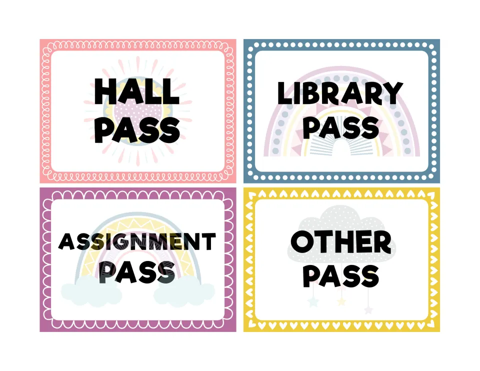 Second set of pass cards: hall pass, library pass, assignment pass and other pass, with sun, rainbow and cloud art