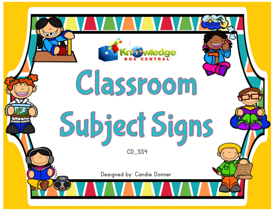 Cover of the classroom subject sign set, labeled CD_SS4 and credited to designer Candie Donner.