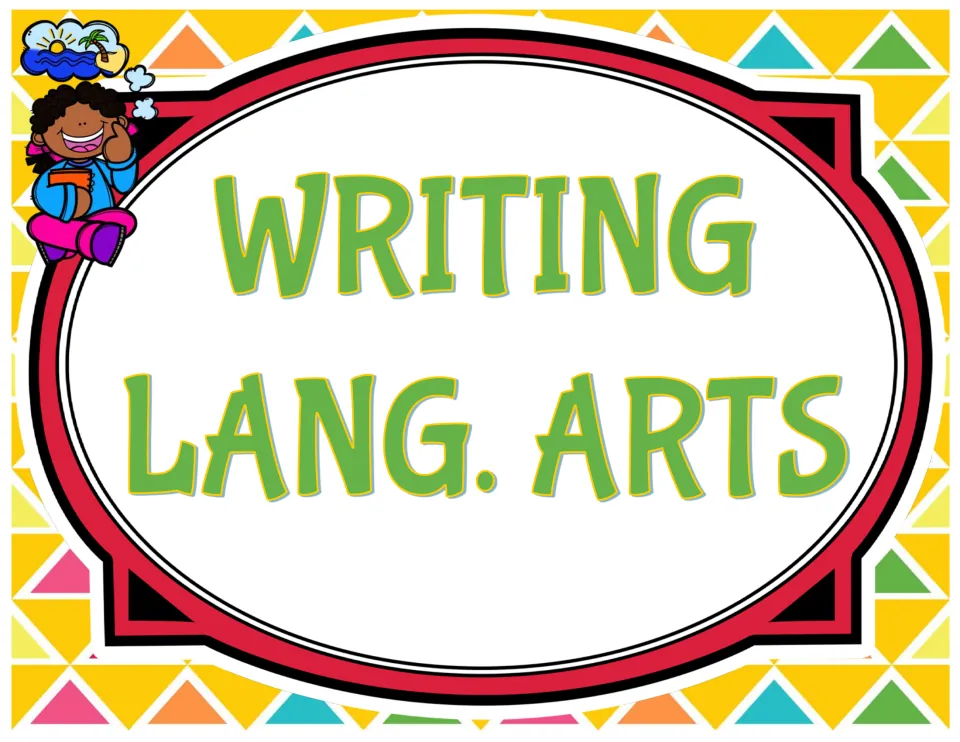 Classroom subject sign reading 'WRITING LANG. ARTS' for labeling the writing and language arts area.