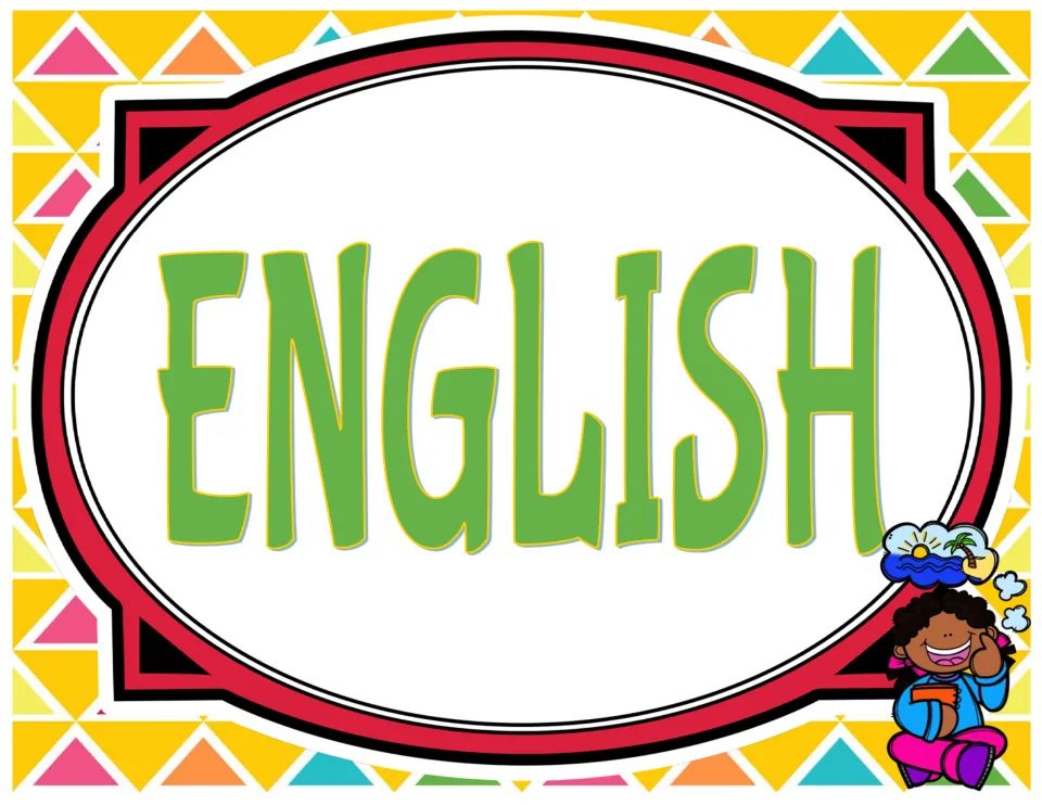 Classroom subject sign reading 'ENGLISH,' one of the printable labels for subject areas in the classroom.