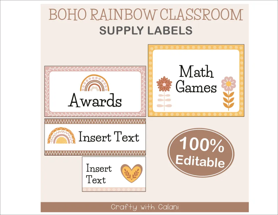 Boho Rainbow Classroom Supply Labels cover showing sample labels like Awards, Math Games and Insert Text, 100% editable