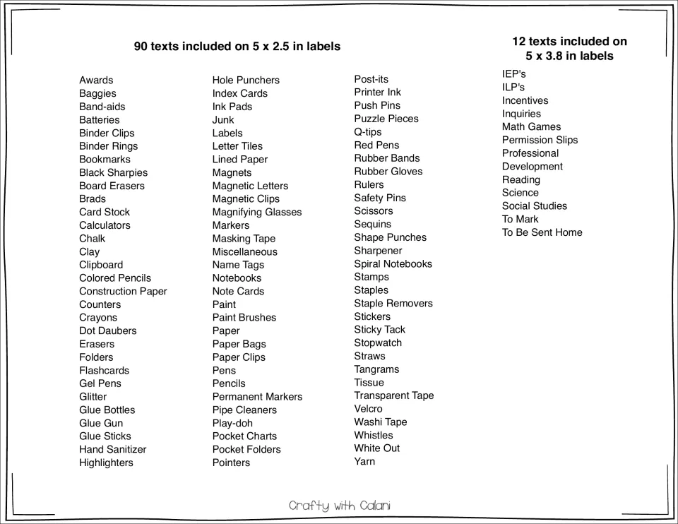 Label text list: 90 supply names from Awards to Yarn on 5 x 2.5 in labels, plus 12 on 5 x 3.8 in labels such as IEP's
