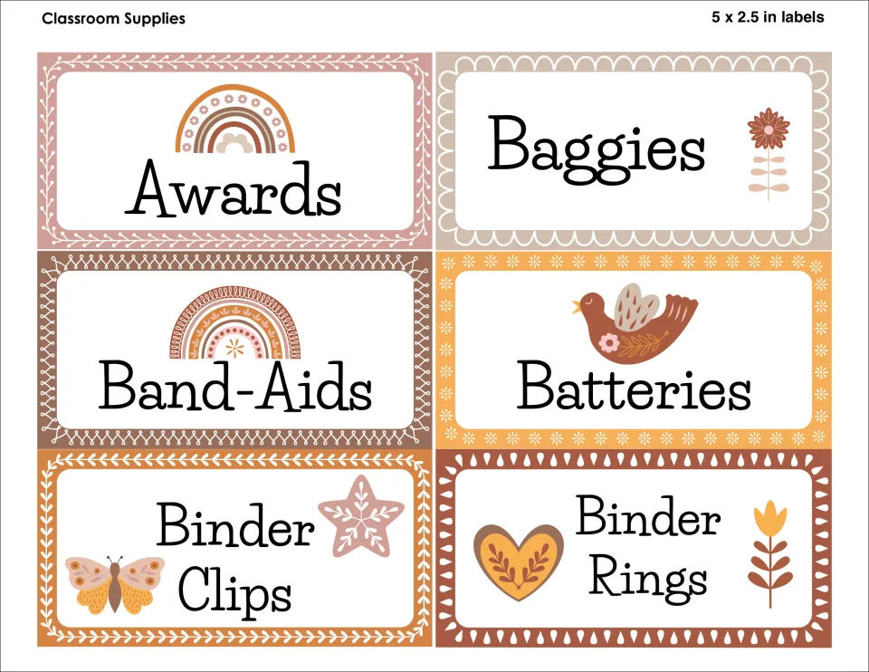 Supply labels, 5 x 2.5 in: Awards, Baggies, Band-Aids, Batteries, Binder Clips and Binder Rings with rainbows and flowers