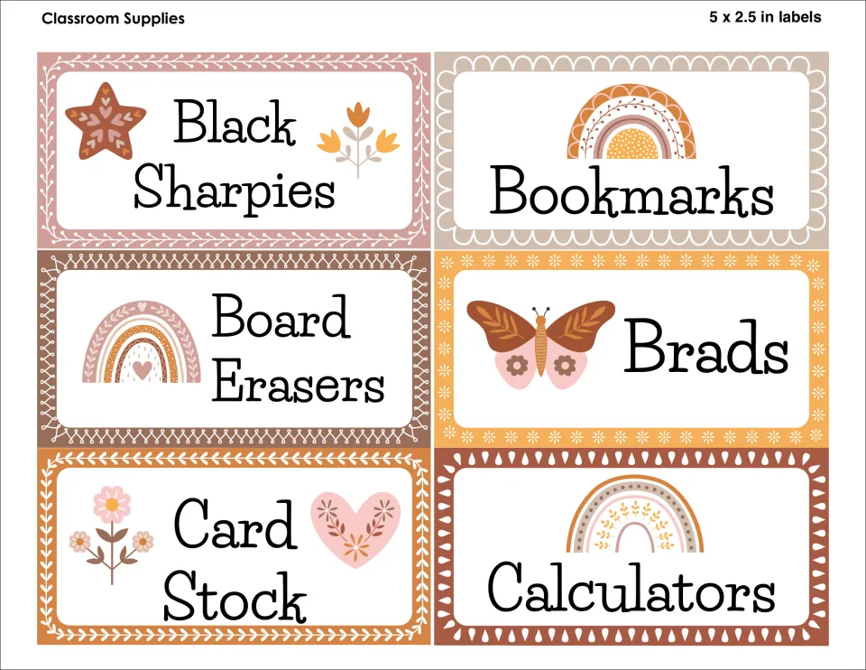 Supply labels, 5 x 2.5 in: Black Sharpies, Bookmarks, Board Erasers, Brads, Card Stock and Calculators with boho motifs