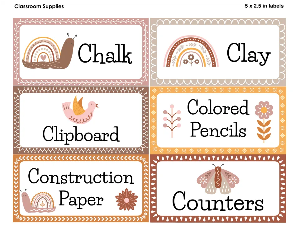 Supply labels, 5 x 2.5 in: Chalk, Clay, Clipboard, Colored Pencils, Construction Paper and Counters with snails and birds