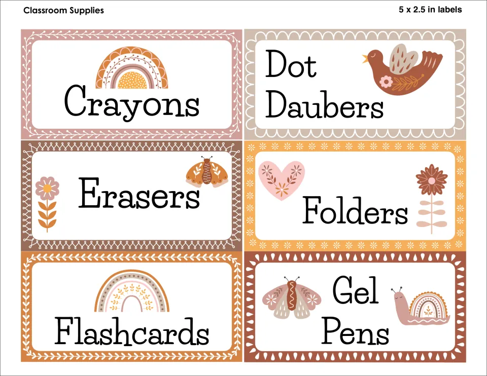 Supply labels, 5 x 2.5 in: Crayons, Dot Daubers, Erasers, Folders, Flashcards and Gel Pens with moths, hearts and rainbows