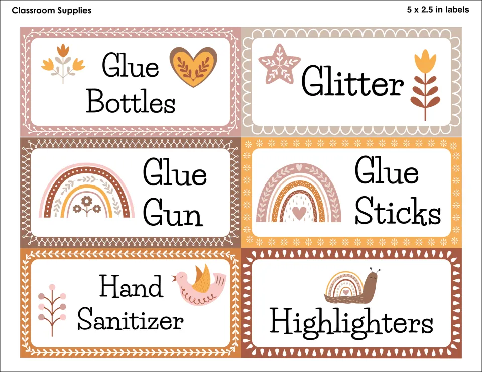 Supply labels, 5 x 2.5 in: Glue Bottles, Glitter, Glue Gun, Glue Sticks, Hand Sanitizer and Highlighters with boho art