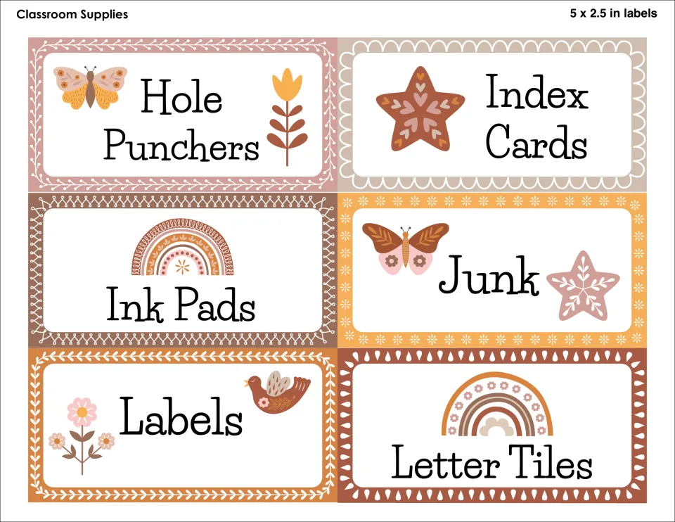 Supply labels, 5 x 2.5 in: Hole Punchers, Index Cards, Ink Pads, Junk, Labels and Letter Tiles with butterflies and stars
