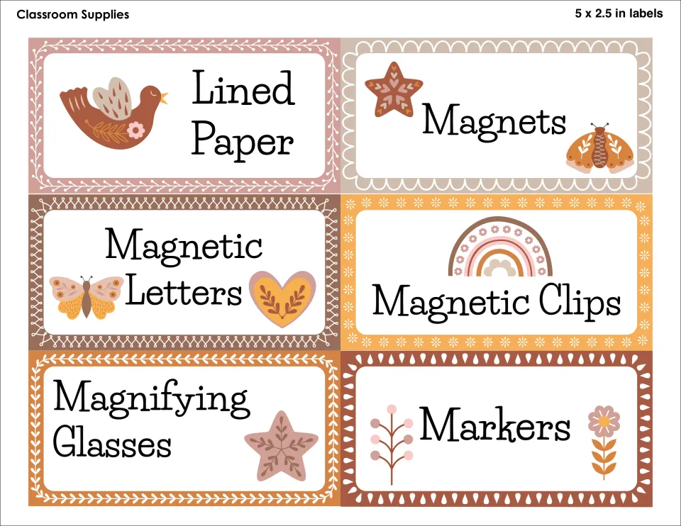 Supply labels, 5 x 2.5 in: Lined Paper, Magnets, Magnetic Letters, Magnetic Clips, Magnifying Glasses and Markers