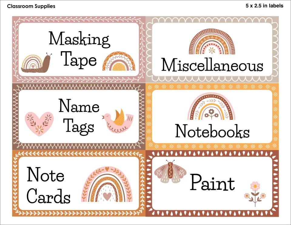 Supply labels, 5 x 2.5 in: Masking Tape, Miscellaneous, Name Tags, Notebooks, Note Cards and Paint with rainbows and birds