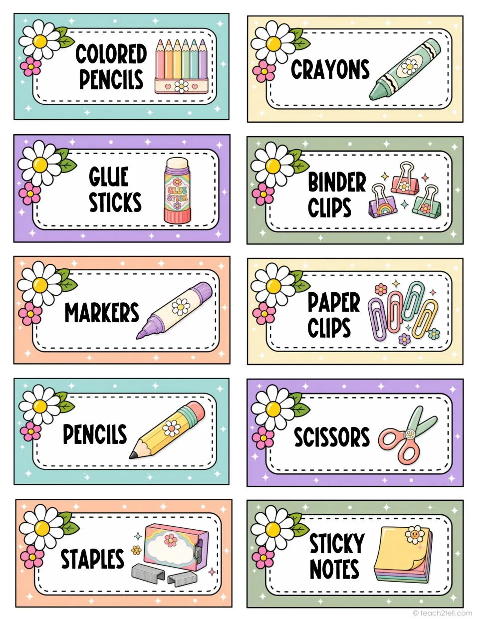 Classroom supply labels 1–10: colored pencils, crayons, glue sticks, binder clips and six more supplies