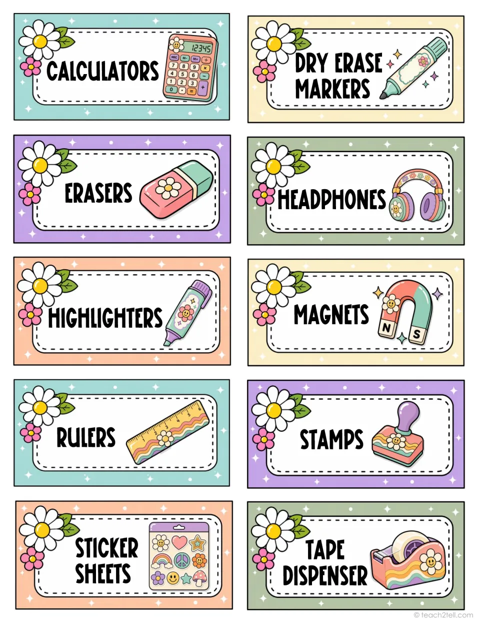 Classroom supply labels 11–20: calculators, dry erase markers, erasers, headphones and six more supplies