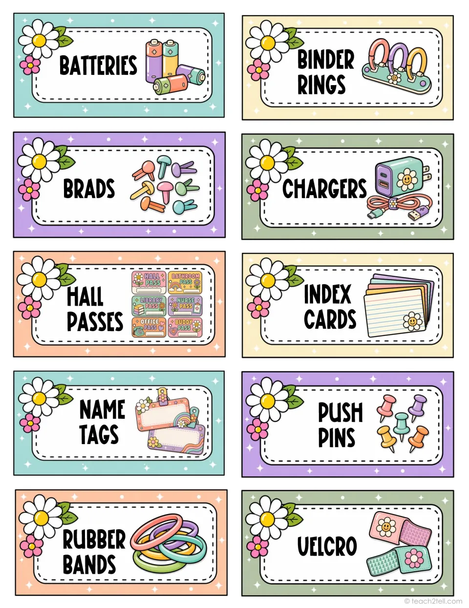 Classroom supply labels 21–30: batteries, binder rings, brads, chargers, hall passes and five more supplies