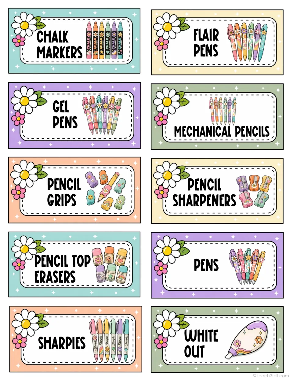 Classroom supply labels 31–40: chalk markers, flair pens, gel pens, mechanical pencils and six more supplies