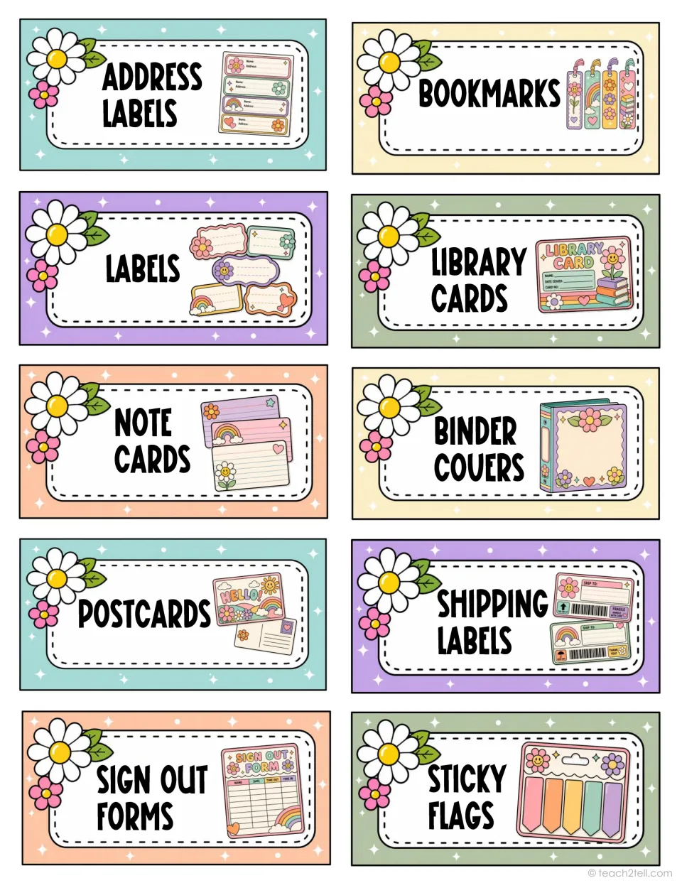 Classroom supply labels 41–50: address labels, bookmarks, library cards, note cards and six more supplies
