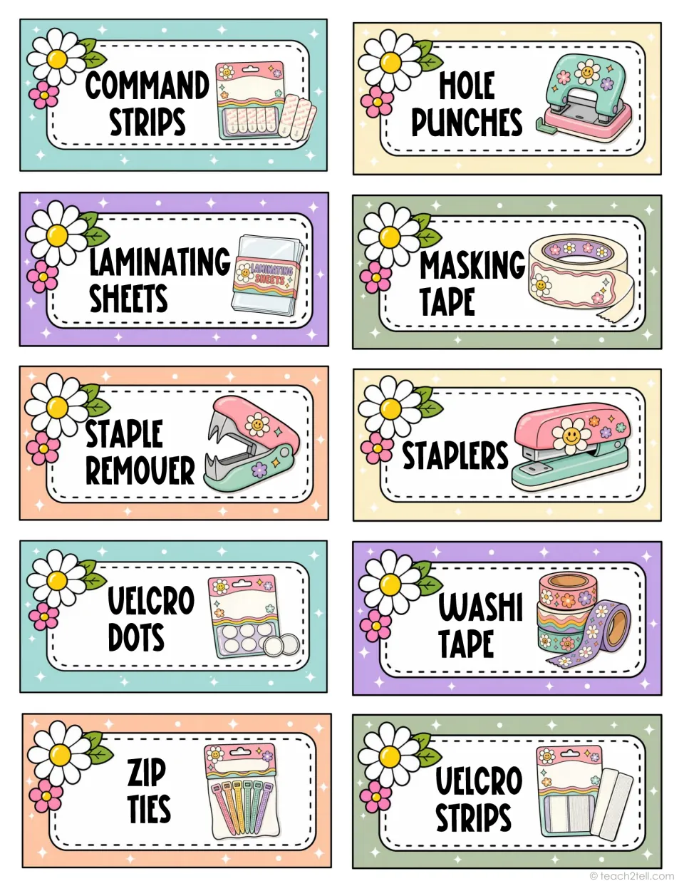 Classroom supply labels 51–60: command strips, hole punches, laminating sheets and seven more supplies