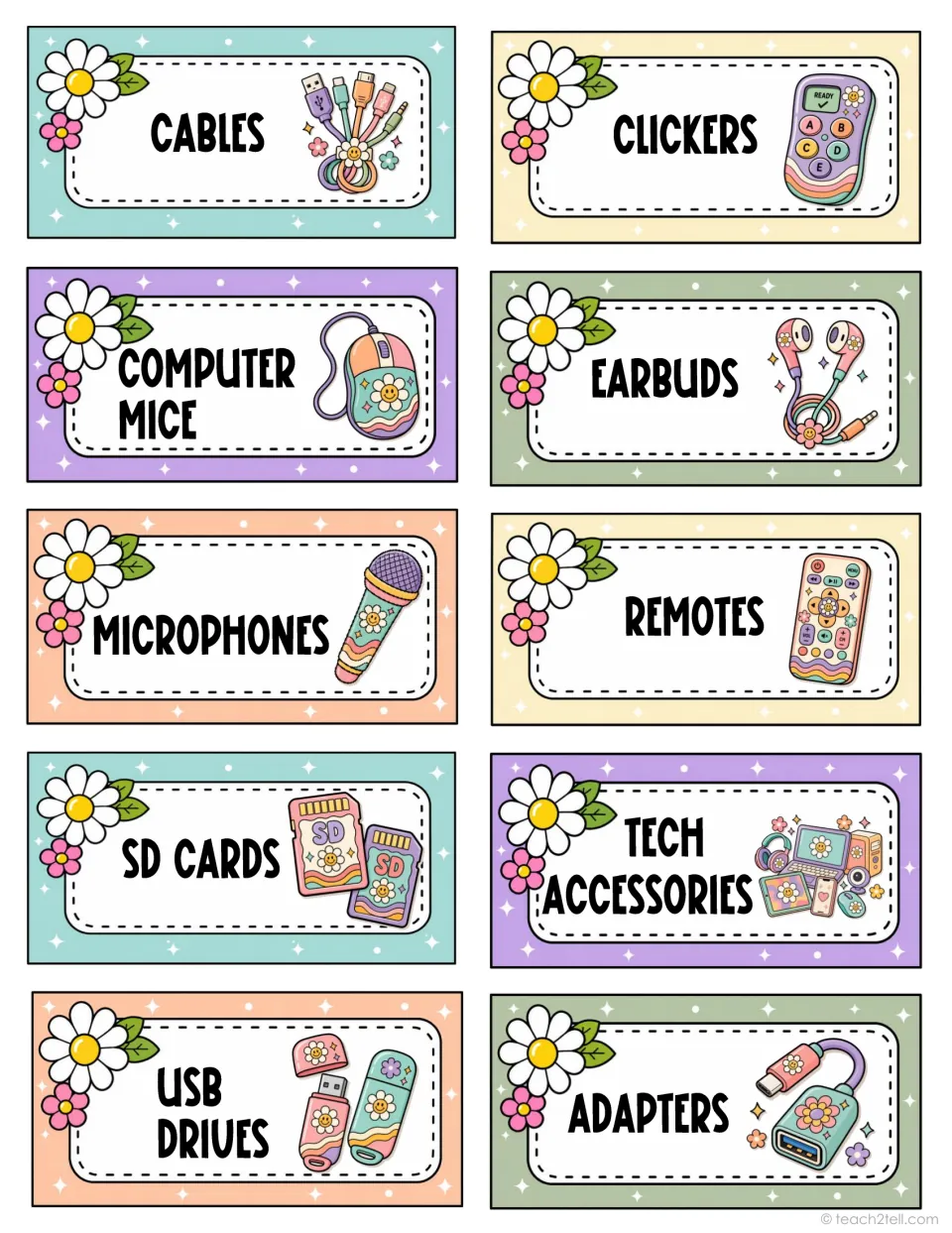 Classroom supply labels 61–70: cables, clickers, computer mice, earbuds, microphones and five more items