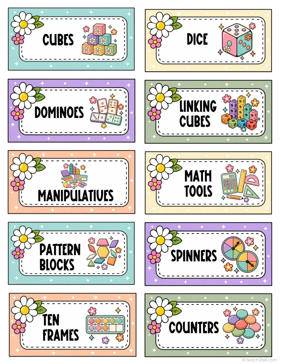 Classroom supply labels 71–80: cubes, dice, dominoes, linking cubes, manipulatives and five more math items