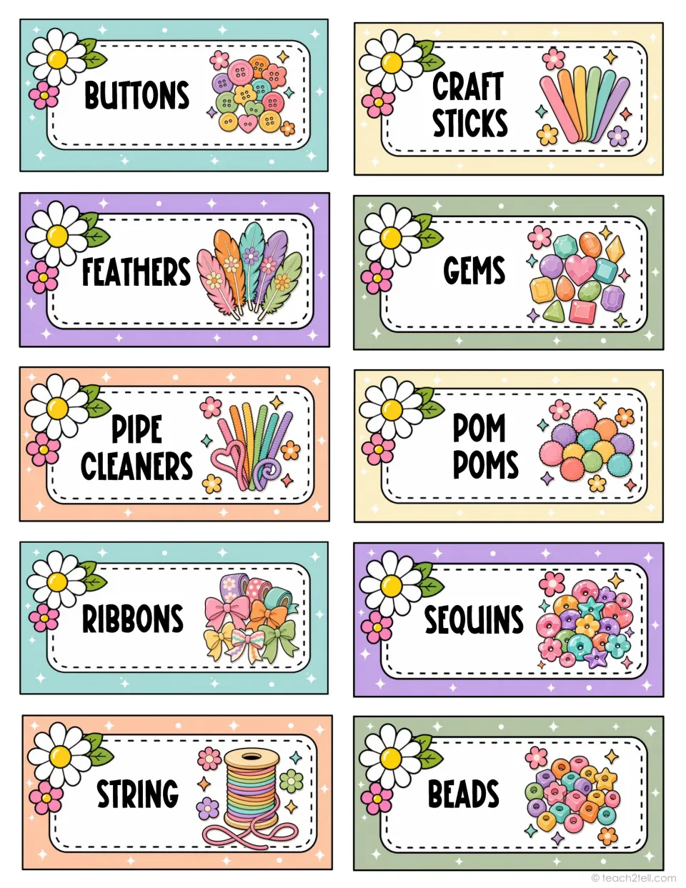 Classroom supply labels 81–90: buttons, craft sticks, feathers, gems, pipe cleaners and five more supplies