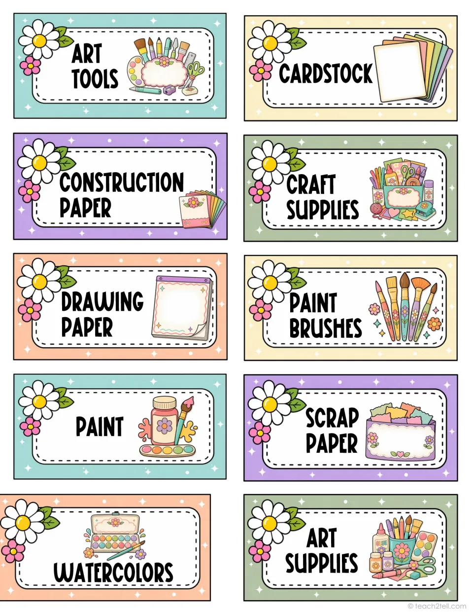 Classroom supply labels 91–100: art tools, cardstock, construction paper, craft supplies and six more labels
