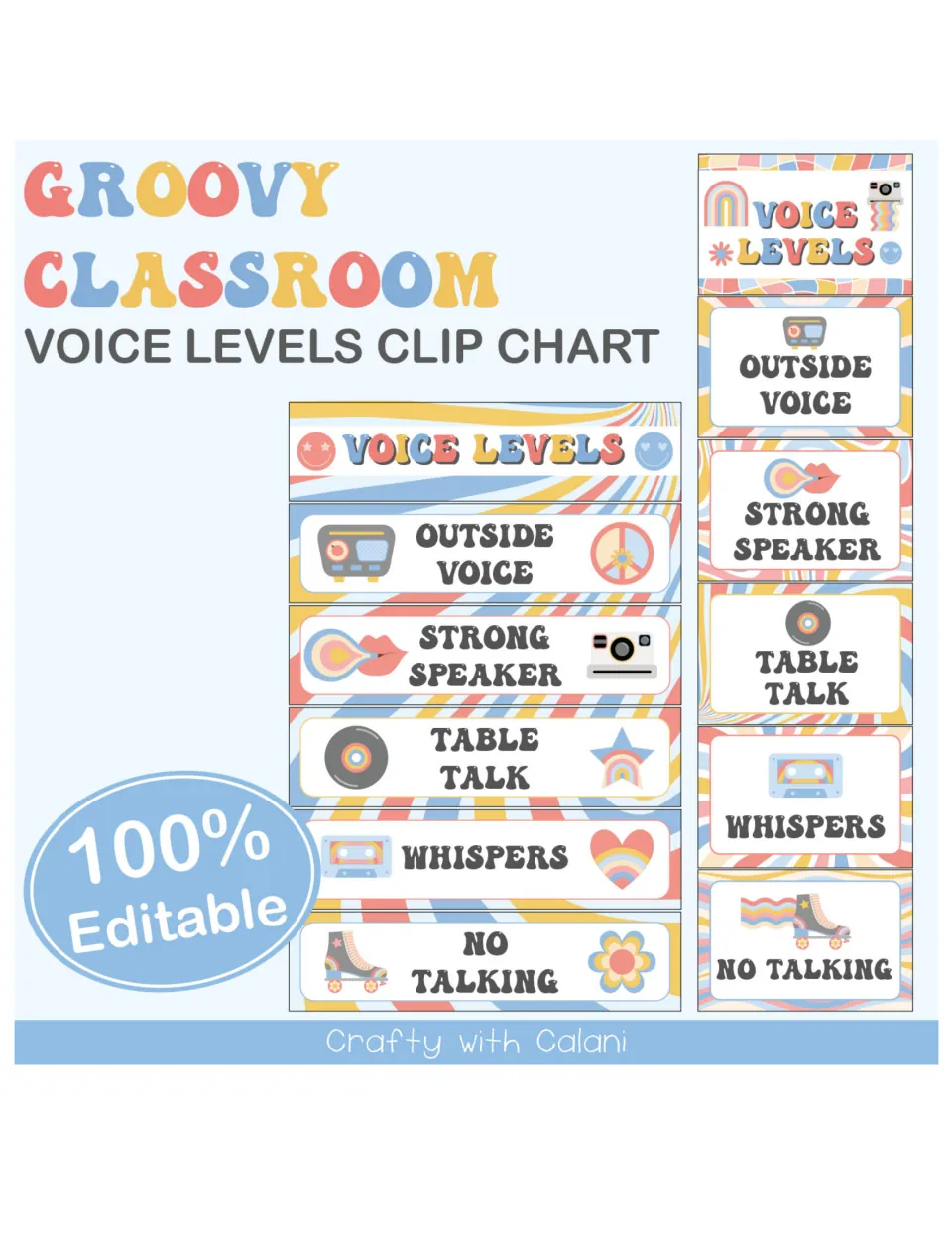 Groovy Classroom Voice Levels Clip Chart cover showing tall and wide versions of six cards, outside voice to no talking