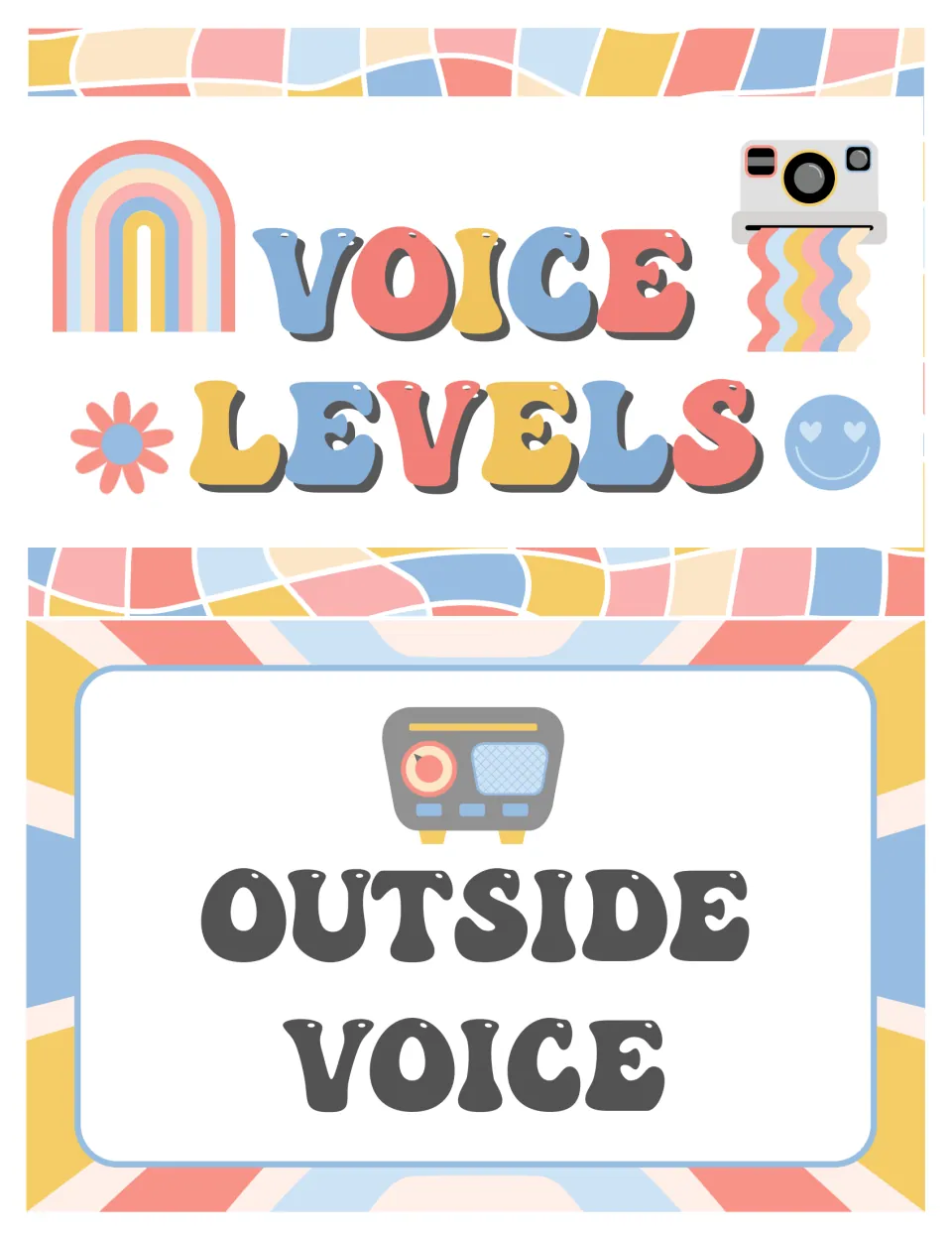 Voice levels chart header with rainbow, camera and smiley art above the loudest card, Outside Voice, shown with a radio
