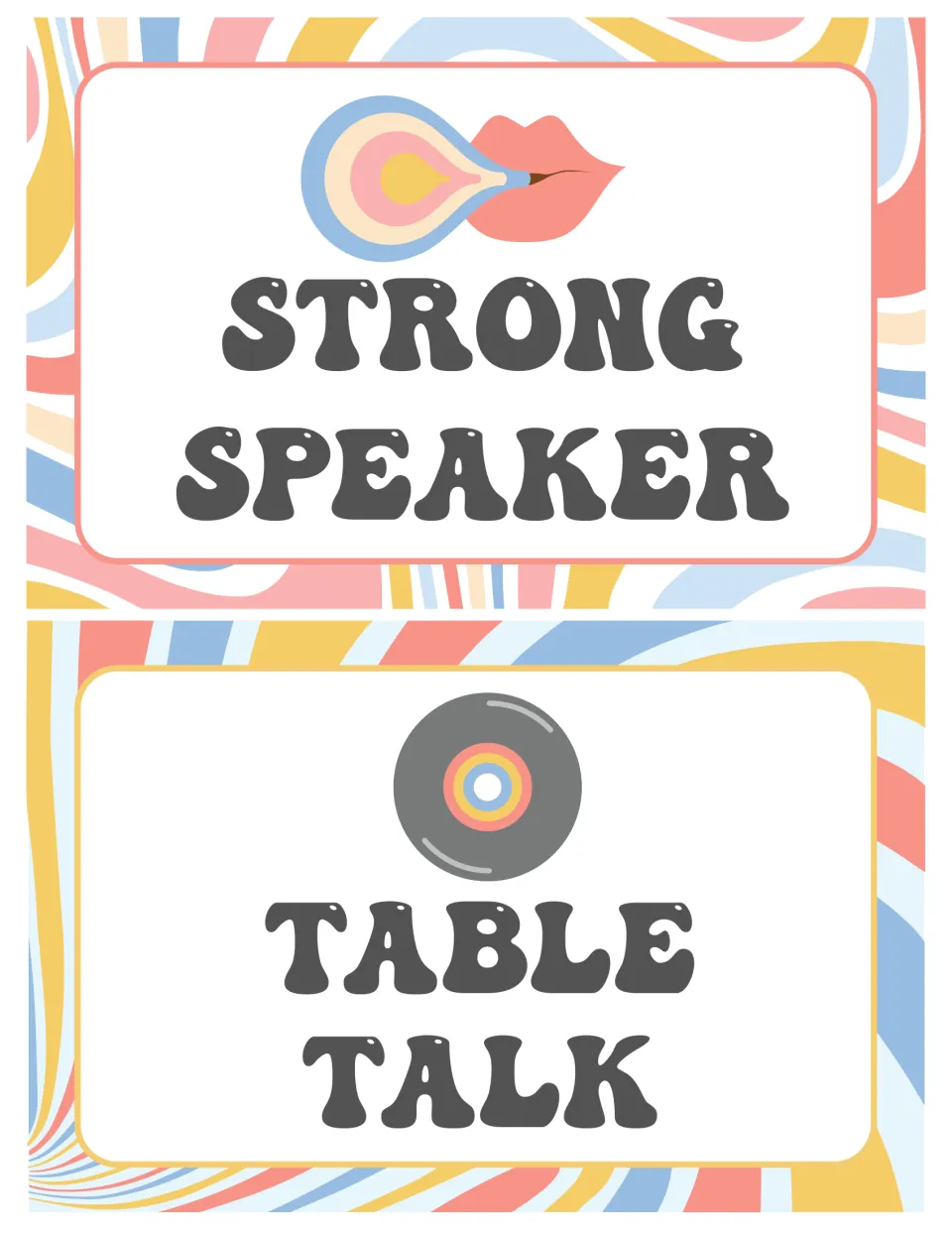 Two voice level cards: Strong Speaker, shown with lips and a sound burst, and Table Talk, shown with a vinyl record