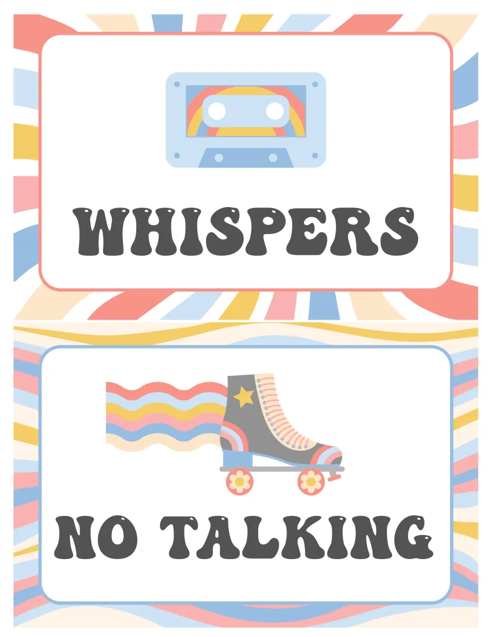 Quietest voice level cards: Whispers with a cassette tape icon and No Talking with a roller skate icon