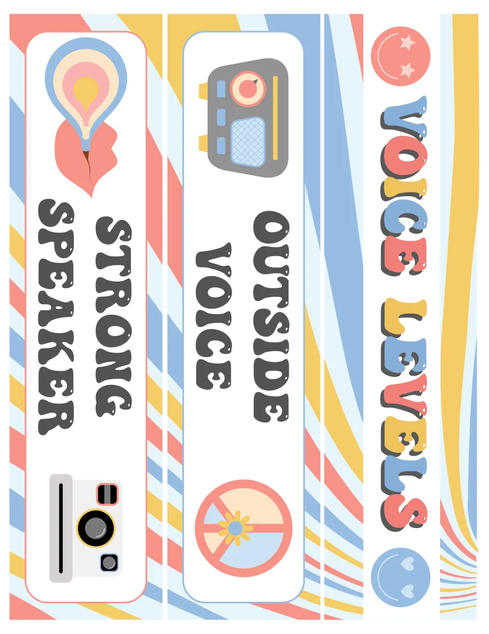 Narrow strip cards for the slim chart: a Voice Levels header strip plus Outside Voice and Strong Speaker level strips