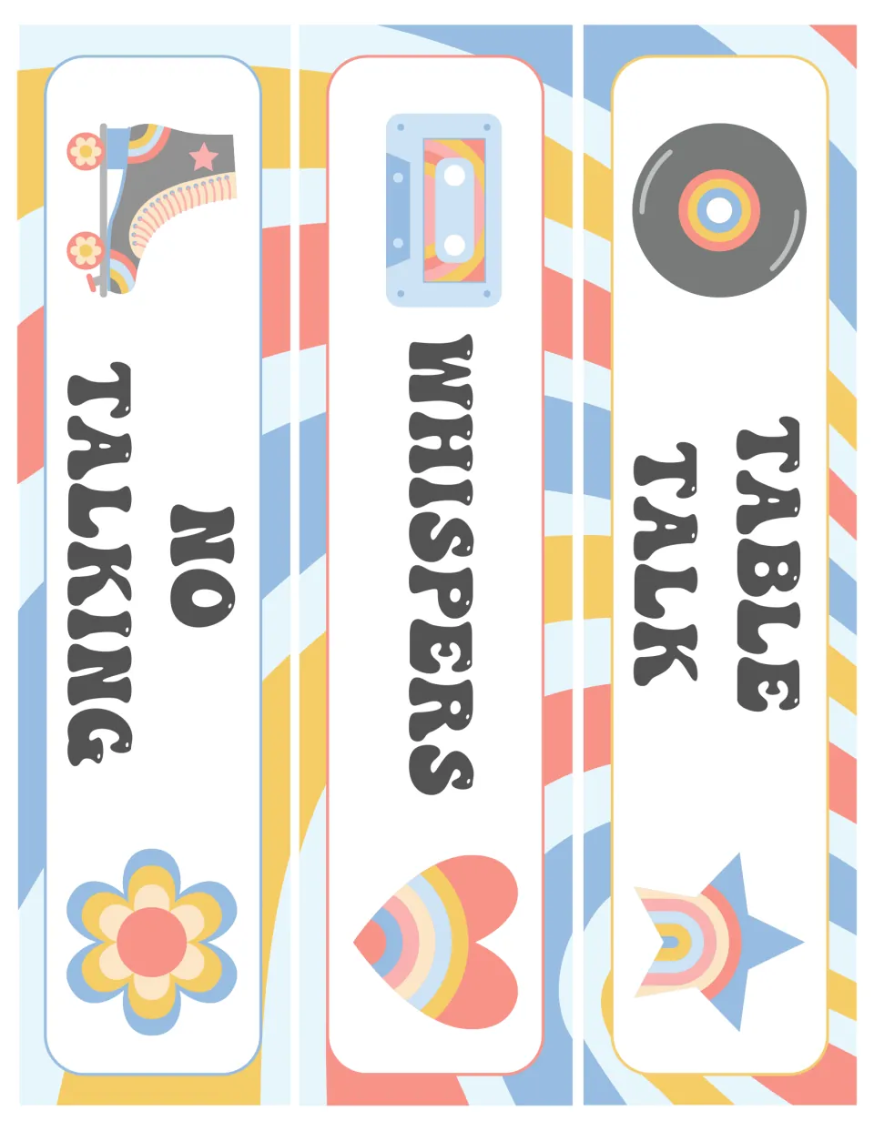 Remaining narrow strips for the slim chart: Table Talk with a record, Whispers with a cassette, No Talking with a skate
